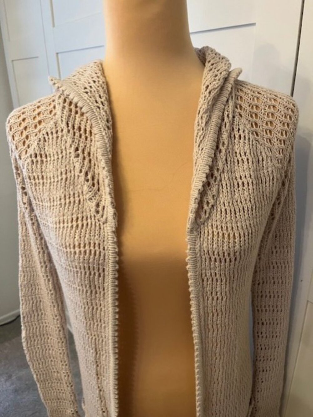 Open weave 100% cotton long hooded cardigan